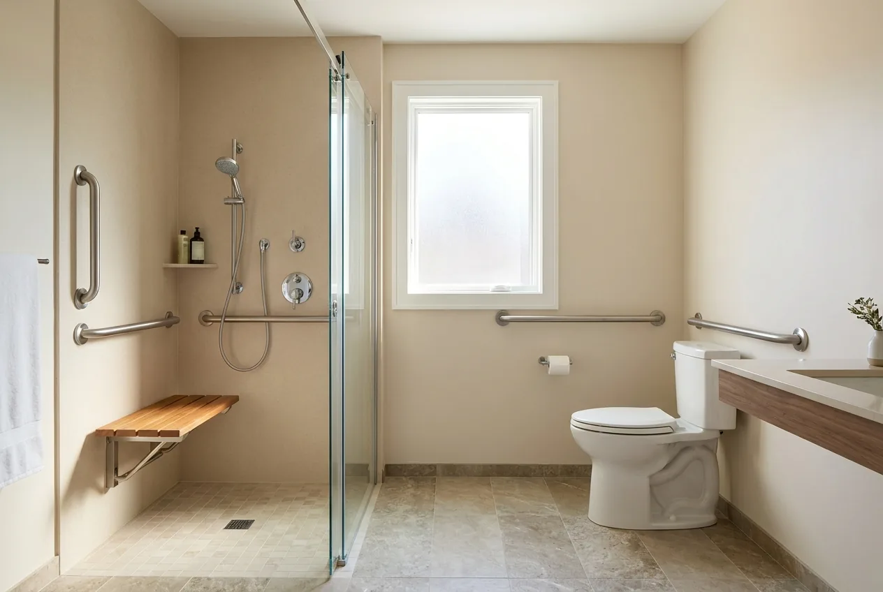 Accessible bathroom with a curbless walk-in shower, fold-down bench, and stainless steel grab bars