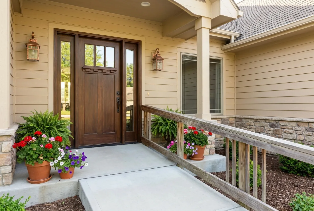 Welcoming home front entrance with a gentle wooden ramp and handrail leading to a wide front door