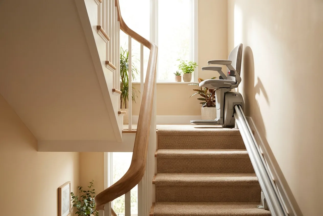 Motorized stair lift chair installed on a rail along a carpeted residential staircase